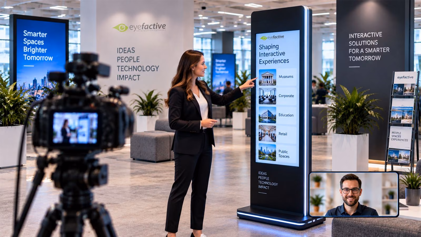 Interactive digital signage kiosk in a live demo via video call